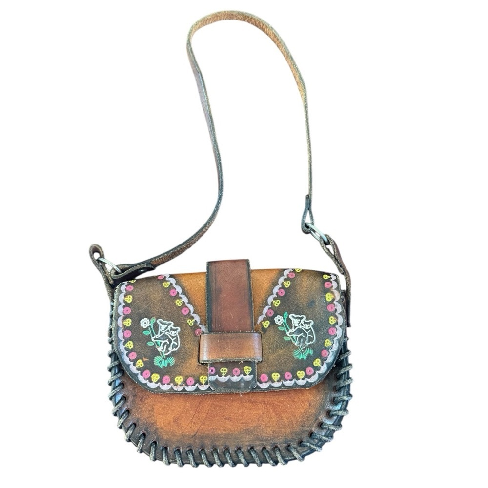 Boho Hand tooled  painted Brown Leather Crossbody Bag Grateful Dead bears